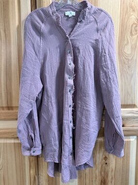 Urban Daisy Purple Gray Button-Front Cotton Gauze Lagenlook Raw Hem Shirt Size L